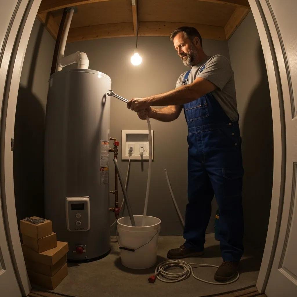 Homeowner performing maintenance on a water heater in a utility room