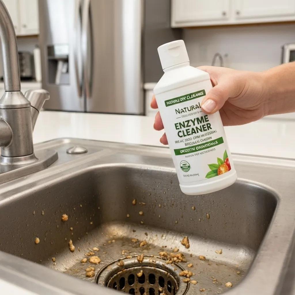 Close-up of a clogged kitchen sink with grease, showcasing DIY cleaning solutions for homeowners