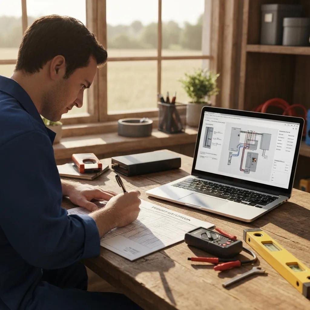 Technician completing HVAC permit application, emphasizing the application process