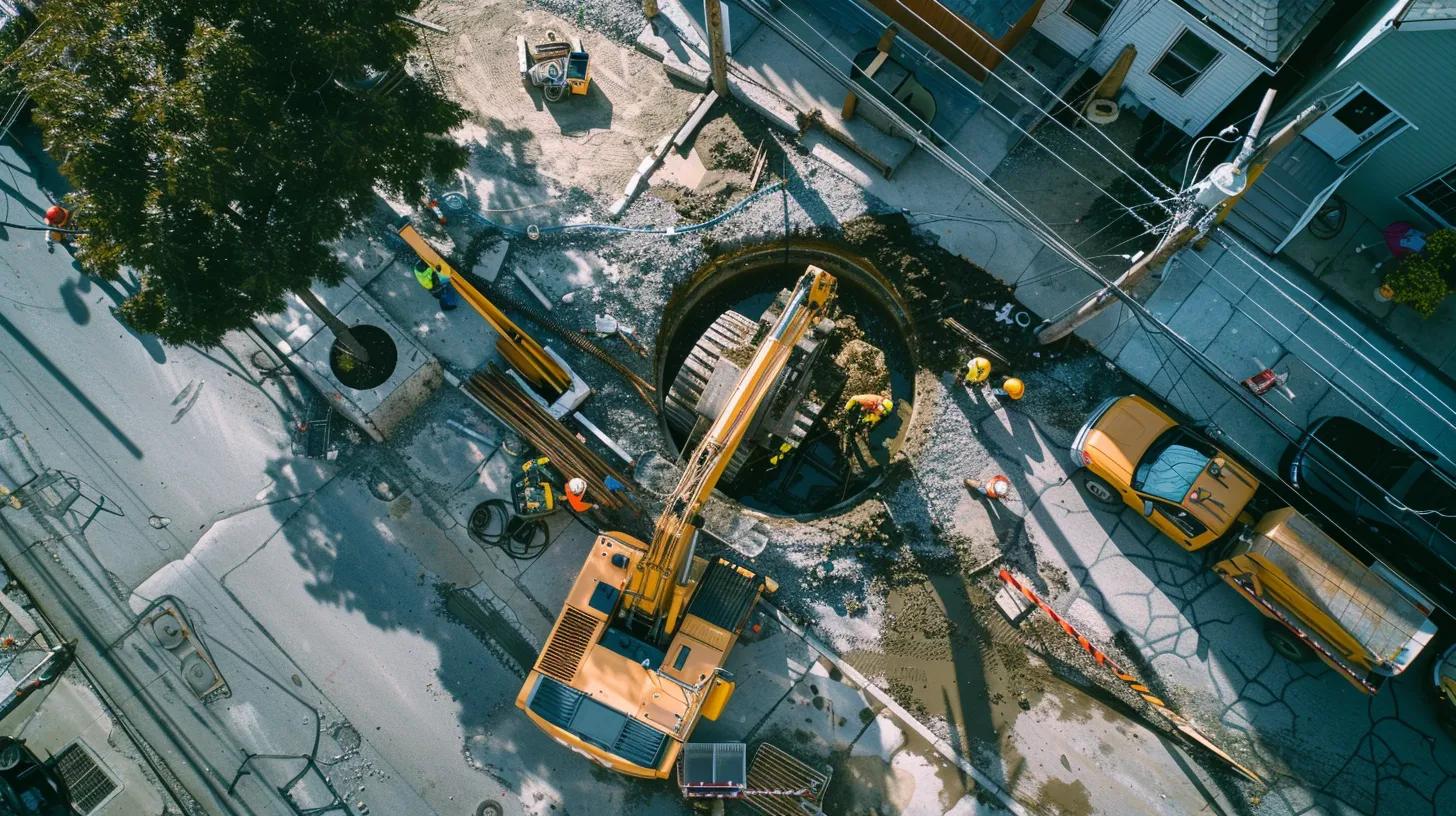 a sleek, modern urban setting captures a trenchless drain replacement crew at work, showcasing specialized equipment being utilized through small access pits in a well-maintained street while minimizing disruption to the surrounding area.