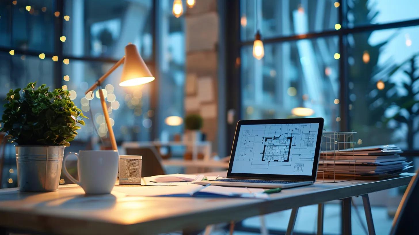 a detailed view of a modern office conference room, featuring an open laptop displaying a construction project plan alongside a stack of building code documents and permit forms, all illuminated by warm artificial lighting to emphasize the importance of regulatory compliance in drain replacement costs.