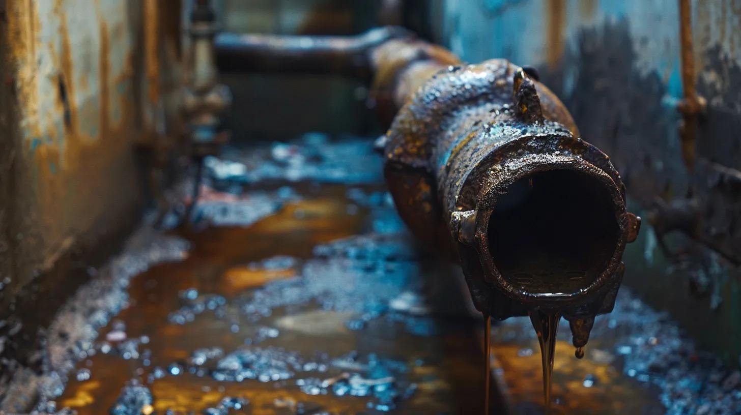 a close-up view of a worn and corroded drain line in a dimly lit, modern tampa plumbing workshop, showcasing water stains and signs of moisture damage to emphasize the urgent need for replacement.