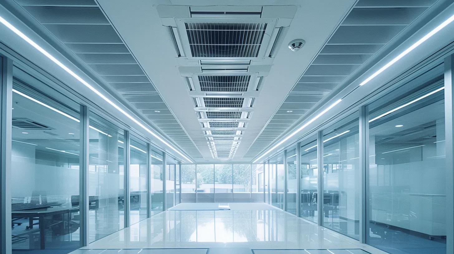 a sleek, modern office filled with cutting-edge air conditioning units showcases a clear comparison between an outdated model and a state-of-the-art, energy-efficient system, highlighting the impact of technology on energy conservation and indoor air quality.