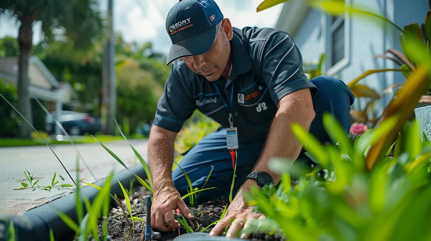 a knowledgeable technician inspects a residential drainage system amidst the urban backdrop of tampa, showcasing the interplay between engineered solutions and the city's distinct humid climate and soil conditions.
