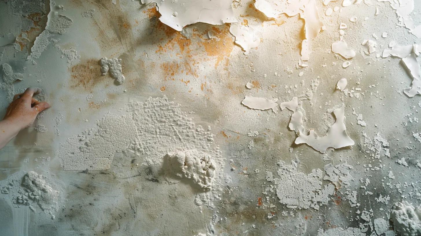 a close-up view of water-damaged drywall in a modern tampa home, showcasing visible stains and peeling paint, with a distressed homeowner examining the damage under bright indoor lighting, emphasizing the urgent need for drain replacement.