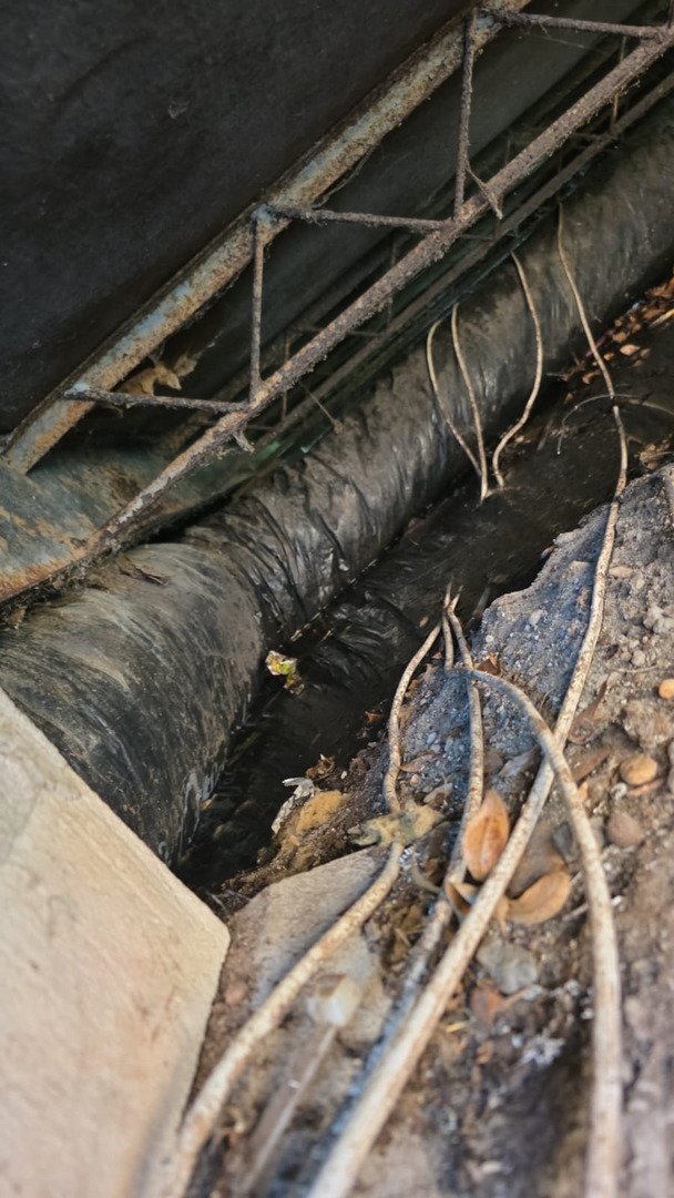 dark pipe with debris and leaves visible around it indicating potential drainage or plumbing maintenance work
