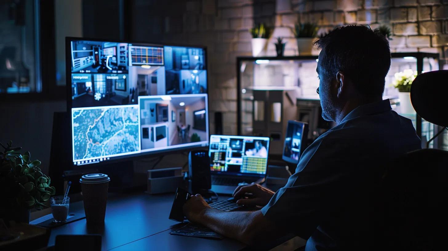 a modern plumbing technician in a sleek, dimly lit urban office is intently monitoring a high-definition screen displaying a dynamic video feed of intricate drain pathways, showcasing the advanced technology used for precise diagnostics and inspections in tampa homes.