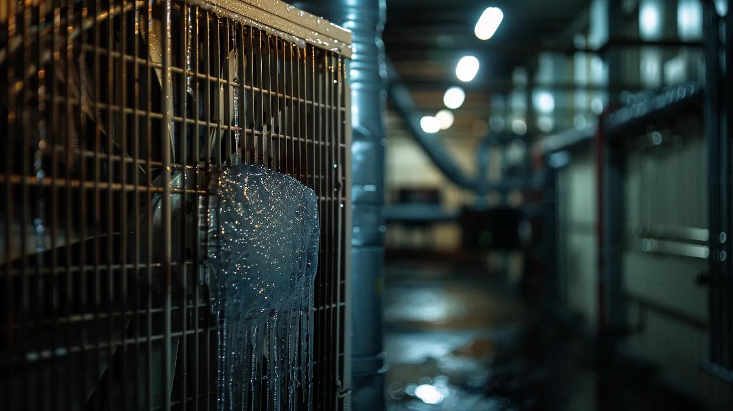 an industrial air conditioning unit in a dimly lit mechanical room displays a visibly frosted evaporator coil, with condensation dripping, conveying a critical machine malfunction.