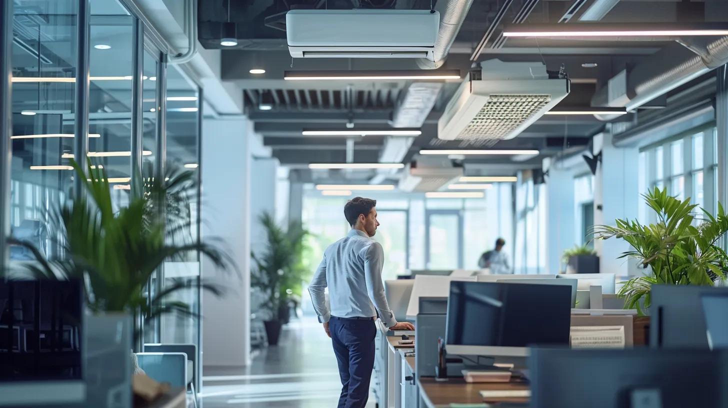 a sleek, modern office environment displays a technician inspecting an air conditioning unit, surrounded by tools and checklists, embodying the critical theme of preventing maintenance errors for optimal ac performance.