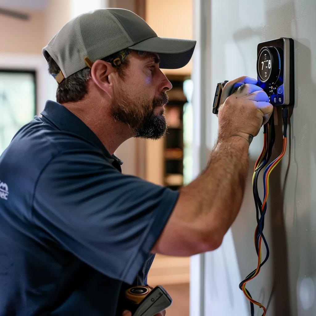 Technician installing a smart thermostat in a Tampa home, highlighting professional installation