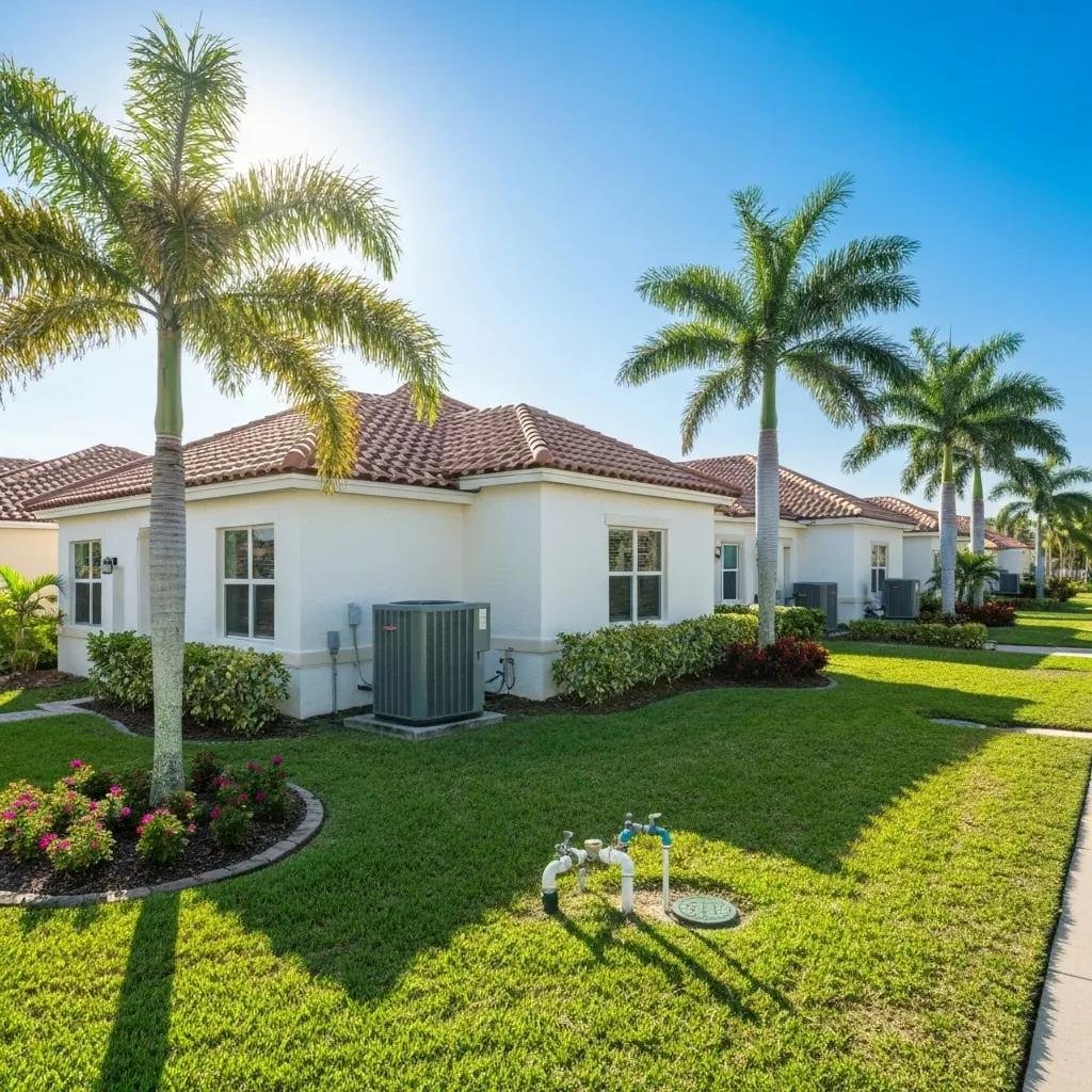 Florida neighborhood with homes featuring HVAC units, highlighting local factors for HVAC and plumbing services