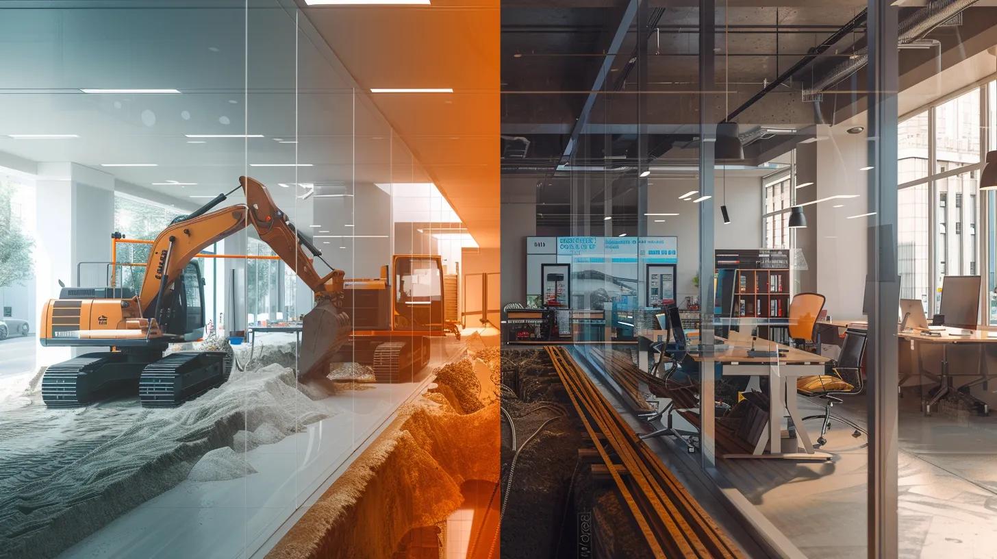a high-contrast urban office environment showcases a split-screen visual, with one side illustrating a traditional drain replacement method featuring heavy machinery and excavation, while the other side depicts a sleek trenchless technology setup with modern equipment, emphasizing the advantages and disadvantages of each approach.
