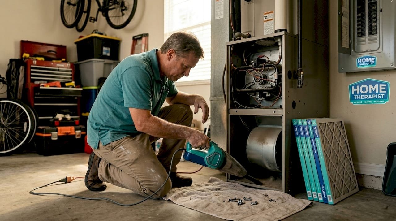 Homeowner vacuuming furnace blower in garage