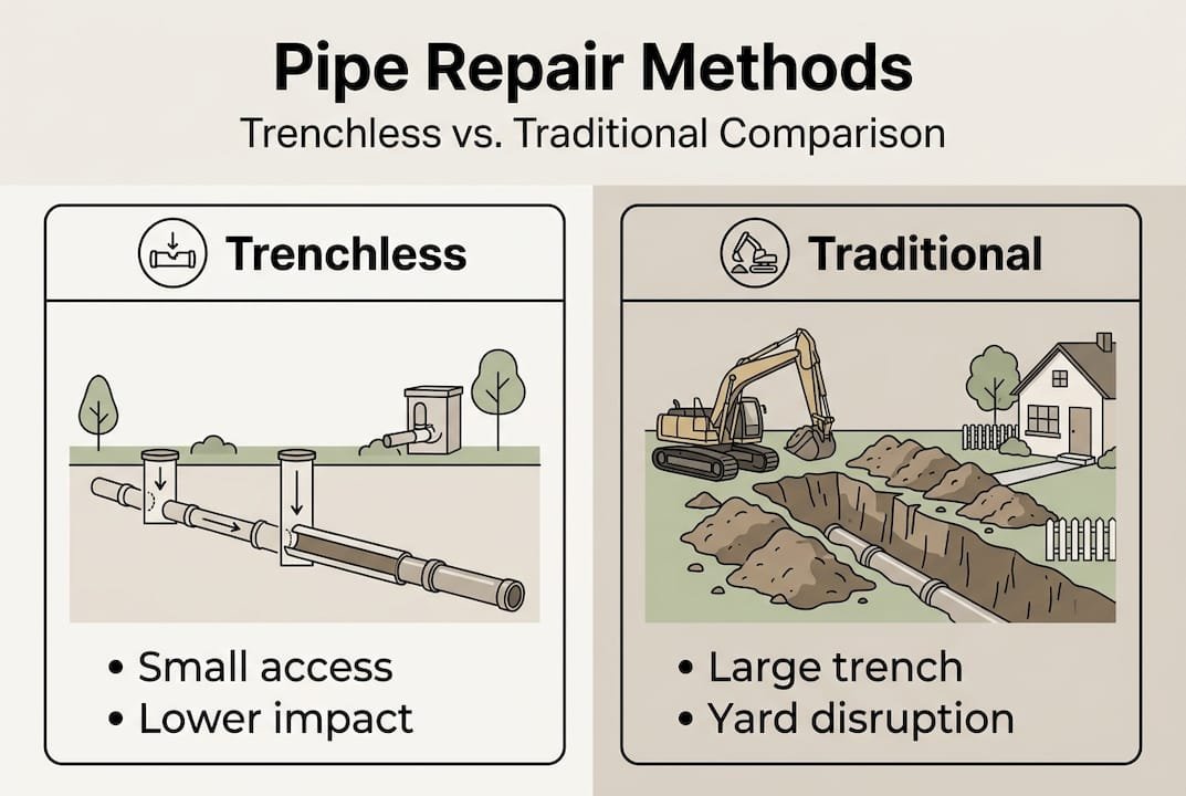 Infographic showing trenchless and traditional pipe repair comparison