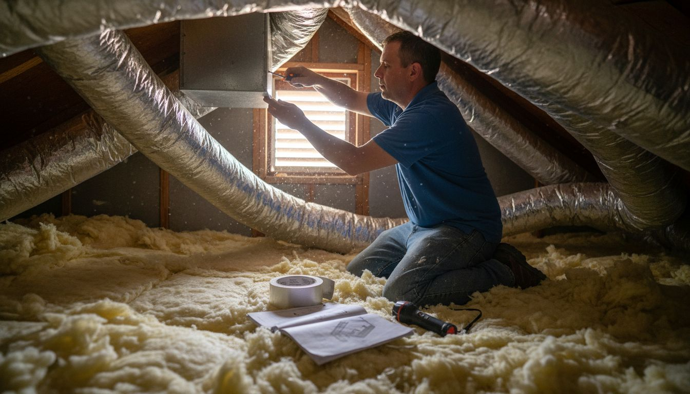 Installer adjusts HVAC duct damper attic setting
