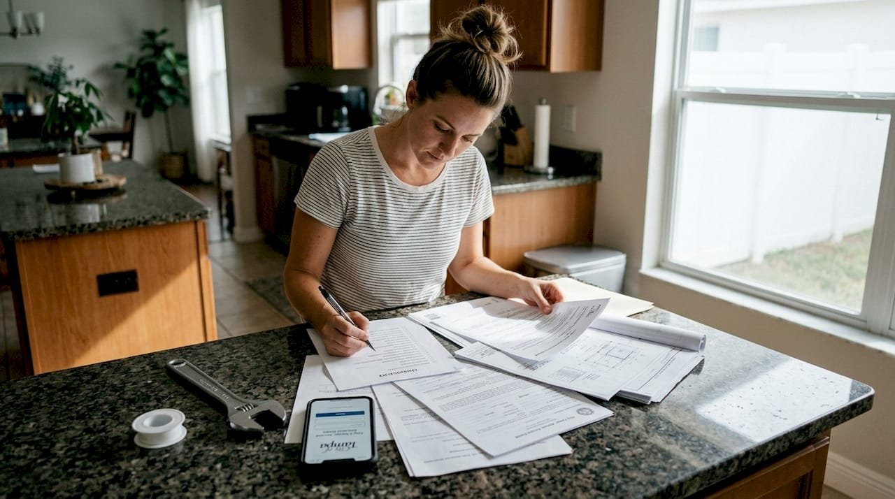 Homeowner preparing plumbing inspection documents and tools