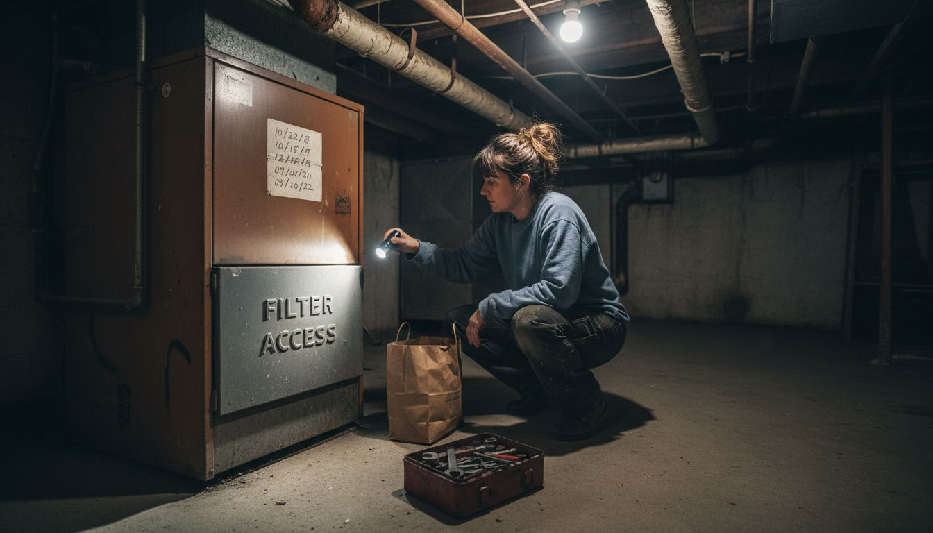 Person locating HVAC filter compartment in basement