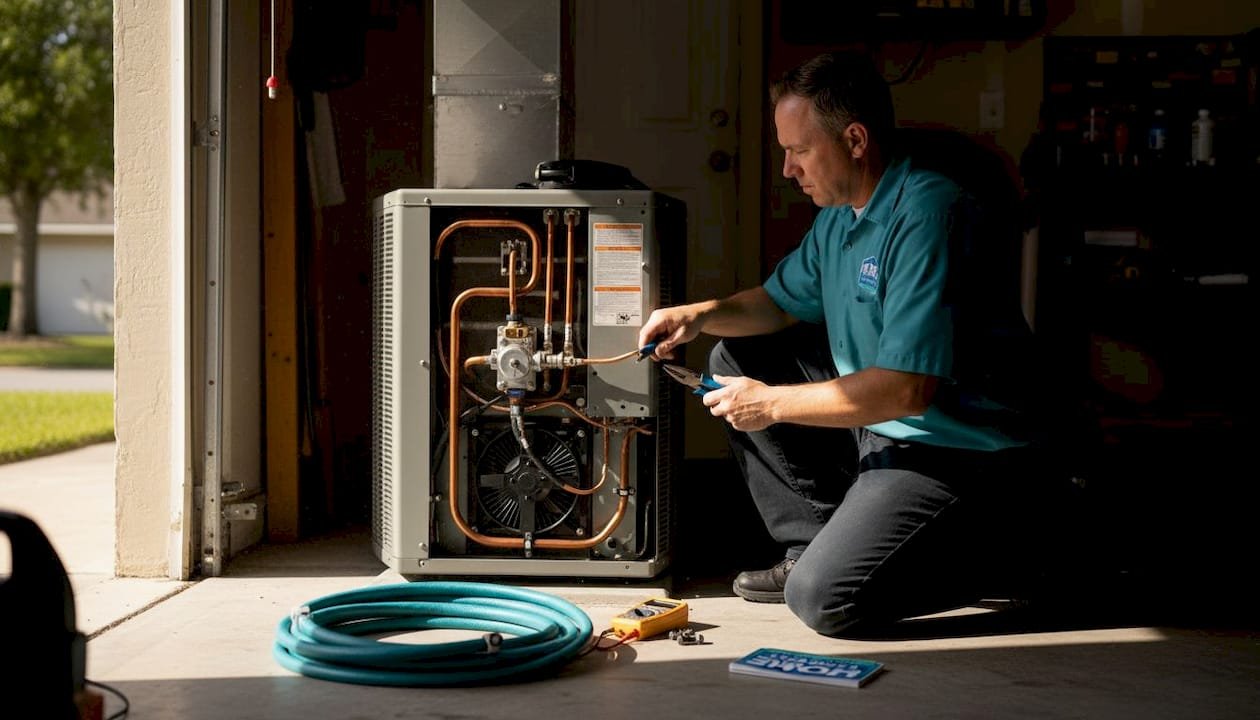 Technician inspects AC expansion valve in garage