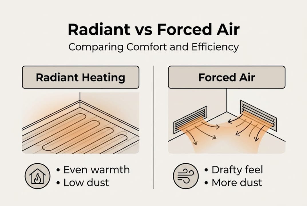 Infographic comparing radiant and forced air heating