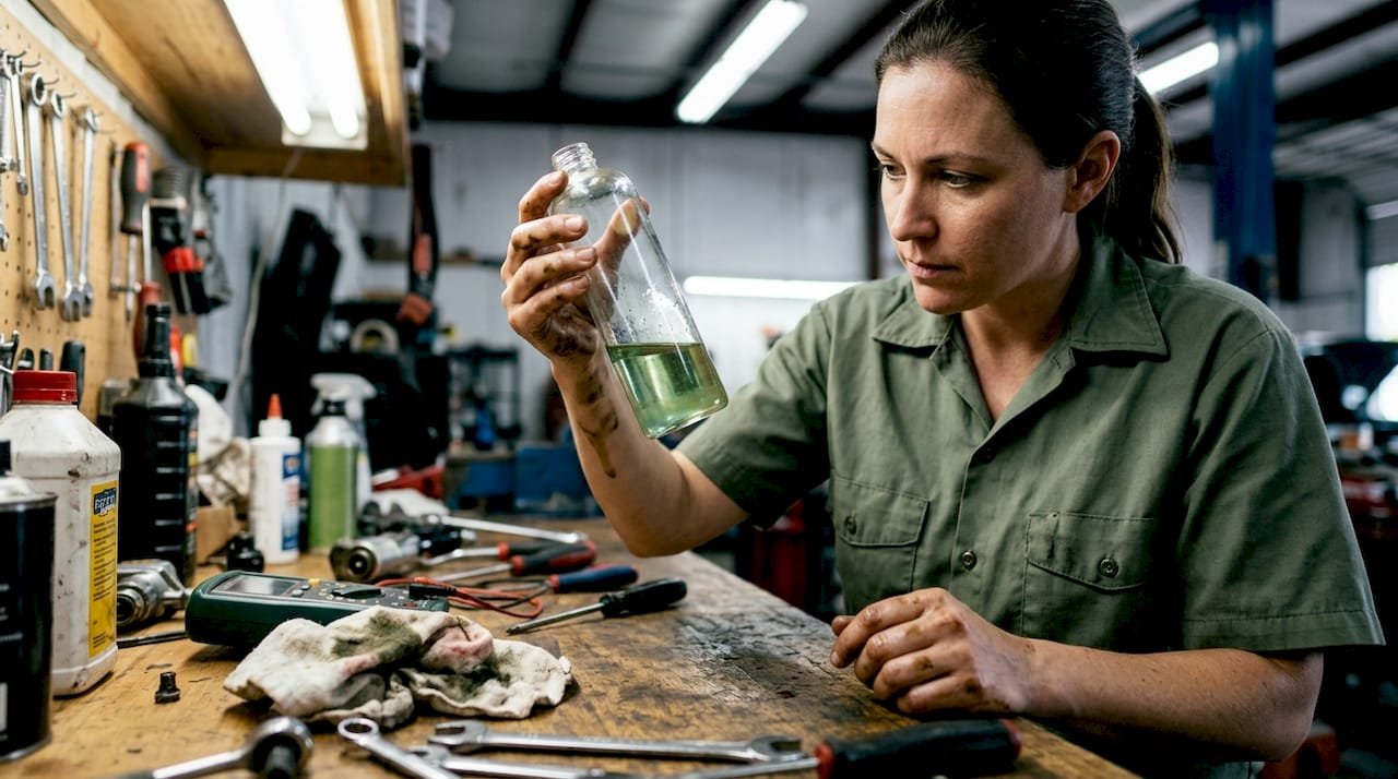 Technician checks refrigerant contamination sample