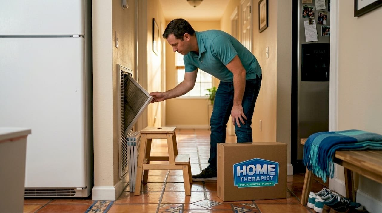 Homeowner checks air filter near hallway vent