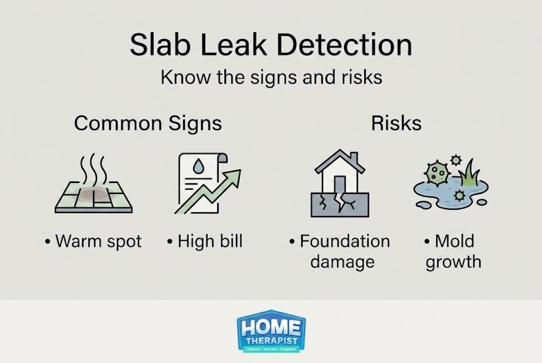Infographic with slab leak symptoms and risks overview