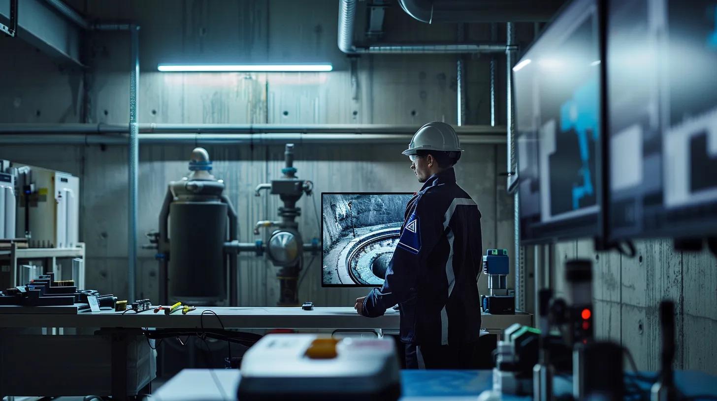 a dimly lit urban maintenance facility showcases a professional inspecting a state-of-the-art camera monitor, revealing intricate details of a drainage system on the screen while various high-tech inspection tools are neatly arranged in the background.