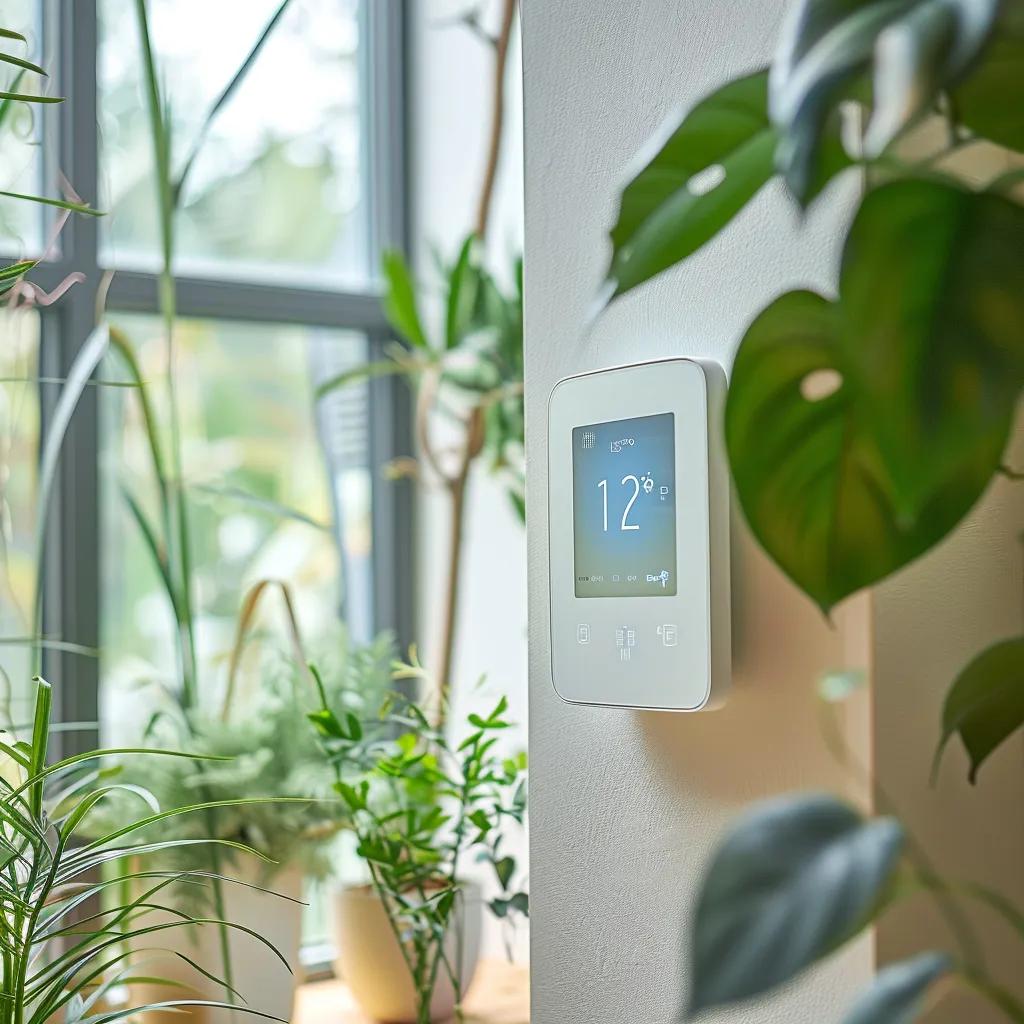 Smart thermostat displaying humidity levels in a bright room with plants, highlighting humidity control