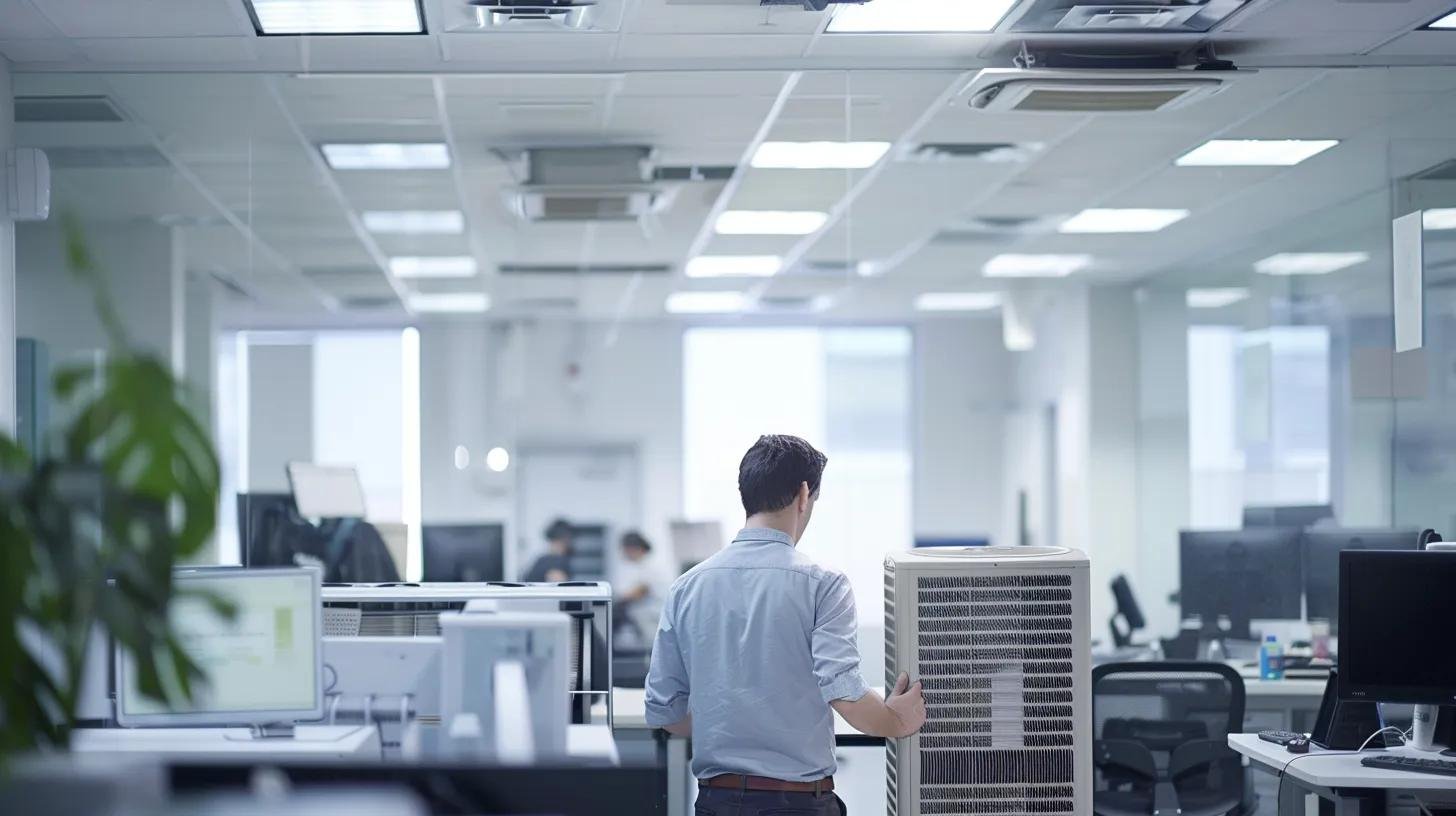 a sleek, modern office environment features a central air conditioning unit prominently displayed, with a technician examining its interior components, illuminated by focused overhead lighting, symbolizing the critical decision-making process of repairing versus replacing.