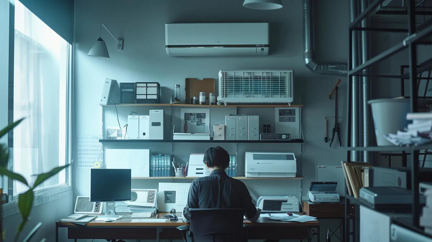 a sleek, modern office space features a technician inspecting a compact, well-maintained air conditioning unit, with tools and maintenance checklists neatly arranged on a polished desk, emphasizing the importance of routine upkeep and preventive care.