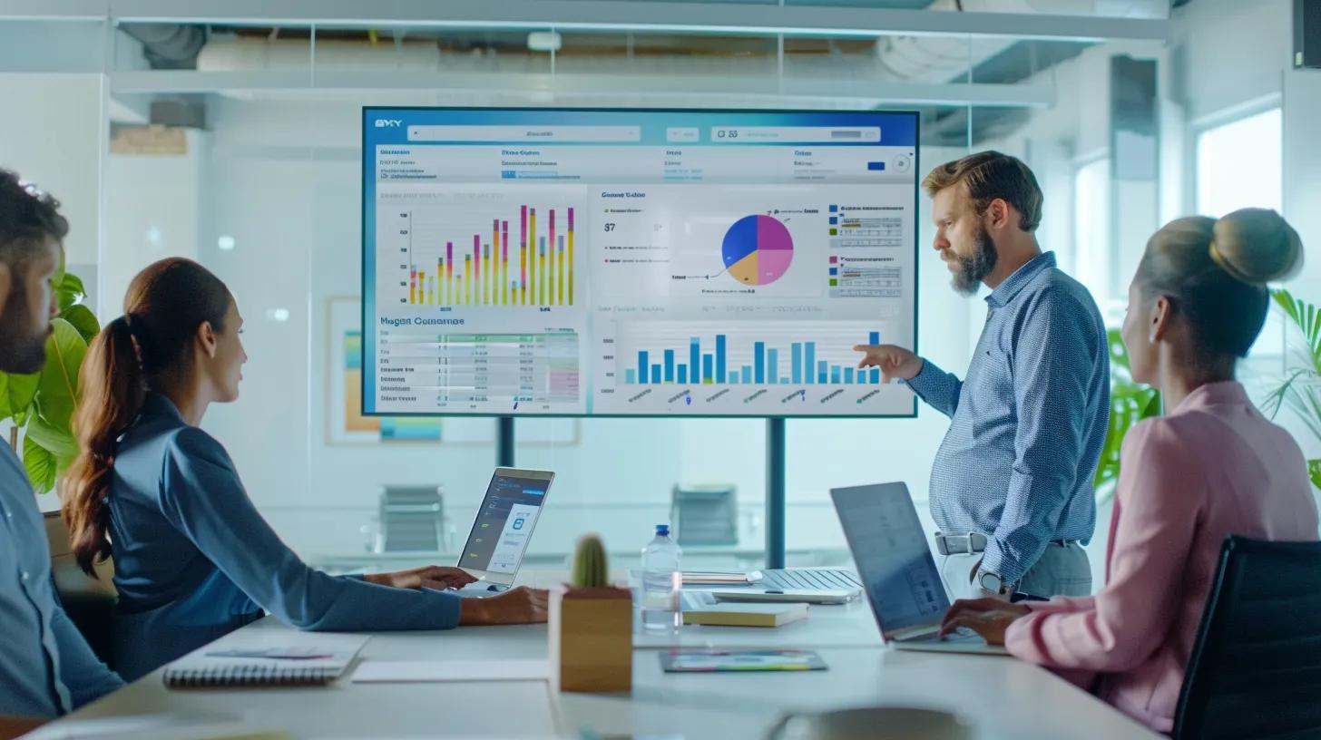 a sleek, modern office environment features a detailed comparison chart on a large digital screen, showcasing various ac repair services alongside pricing and value metrics, with professionals engaged in discussion around a contemporary conference table.