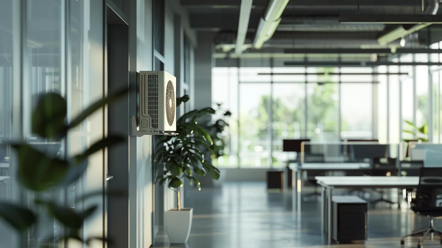 a modern, sleek office environment features a prominently displayed, malfunctioning air conditioning unit with visible airflow indicators, highlighting the urgent need for repair amidst an atmosphere of efficiency and productivity.