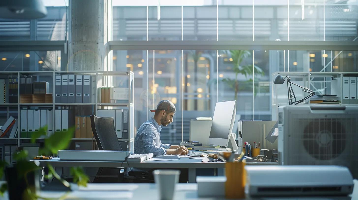 a sleek, modern office space features a technician performing a detailed inspection on an air conditioning unit, surrounded by tools and maintenance manuals, emphasizing the importance of routine care for optimal efficiency.