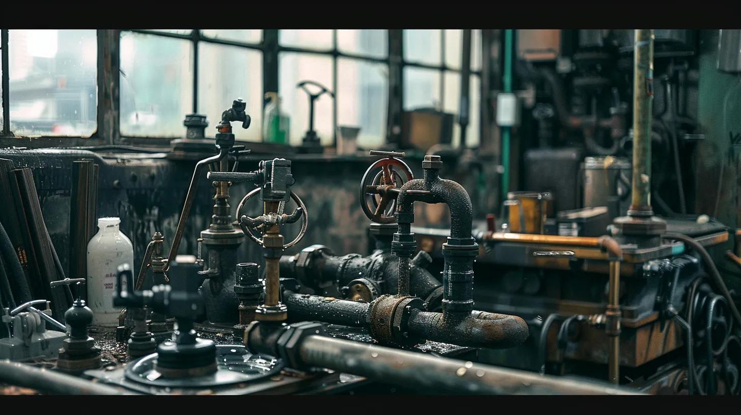 a detailed urban plumbing workshop filled with aged pipes and tools, highlighting the intricate connections and wear observed in outdated drainage systems, with a backdrop of a city skyline to emphasize the challenges of maintaining plumbing in tampa's harsh conditions.