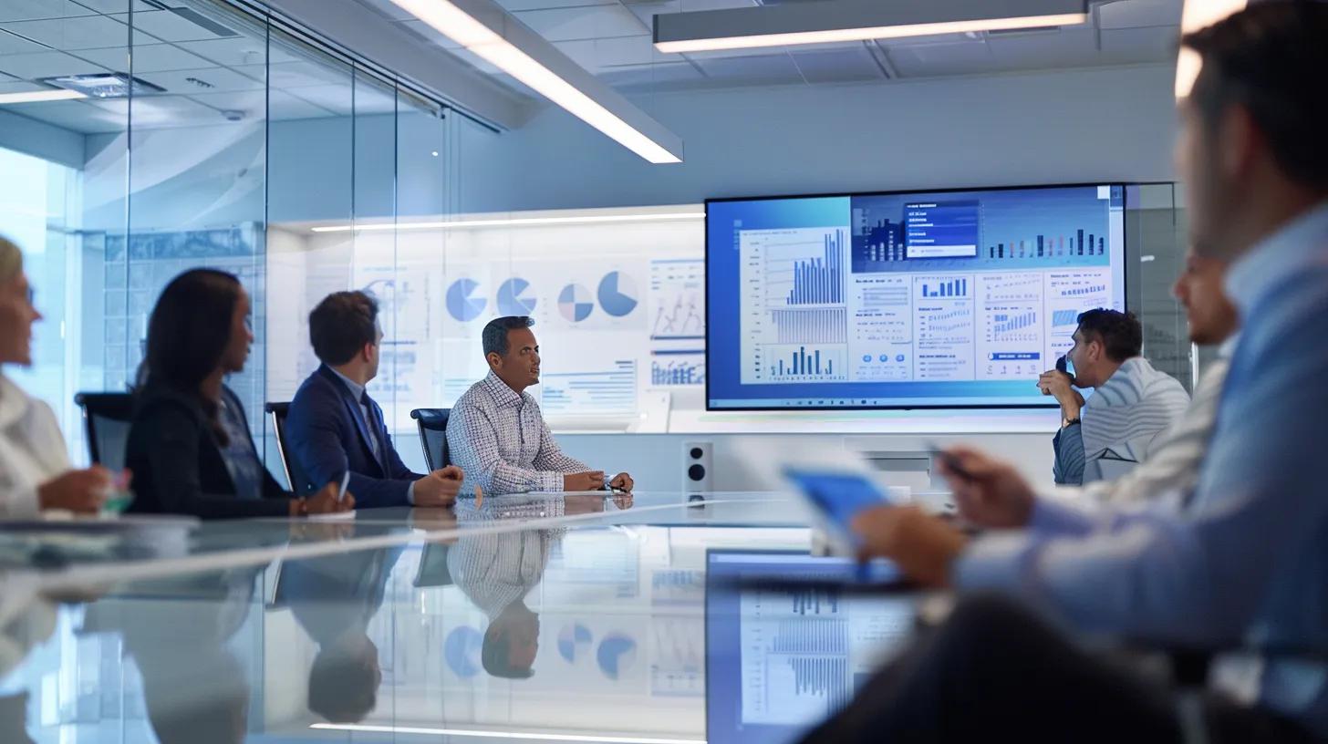 a modern office conference room filled with industry professionals intently discussing an innovative drain replacement solution, highlighted by a digital presentation showcasing diagrams and models relevant to tampa's unique drainage challenges.