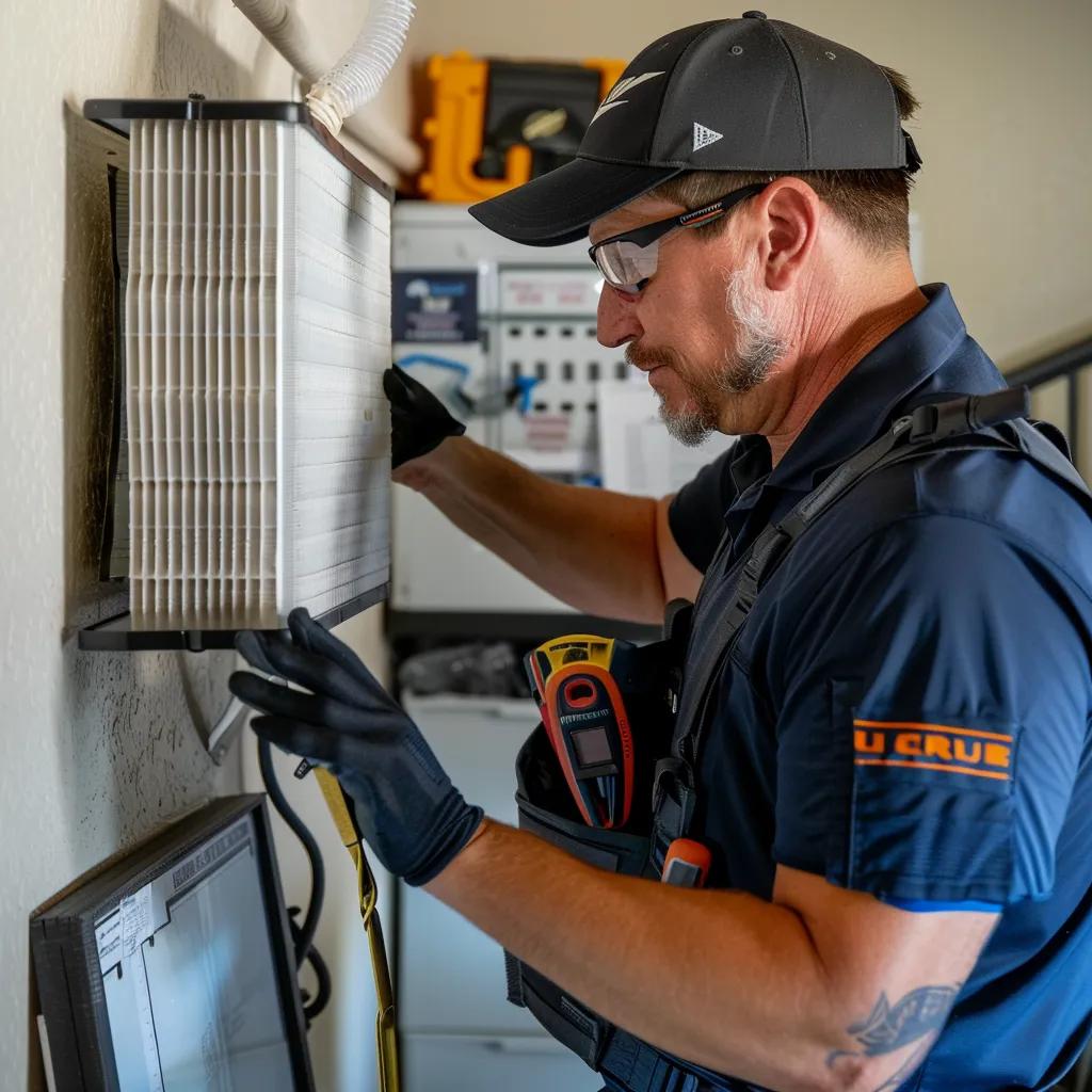 Technician performing HVAC maintenance in a Tampa home, focusing on air filter replacement