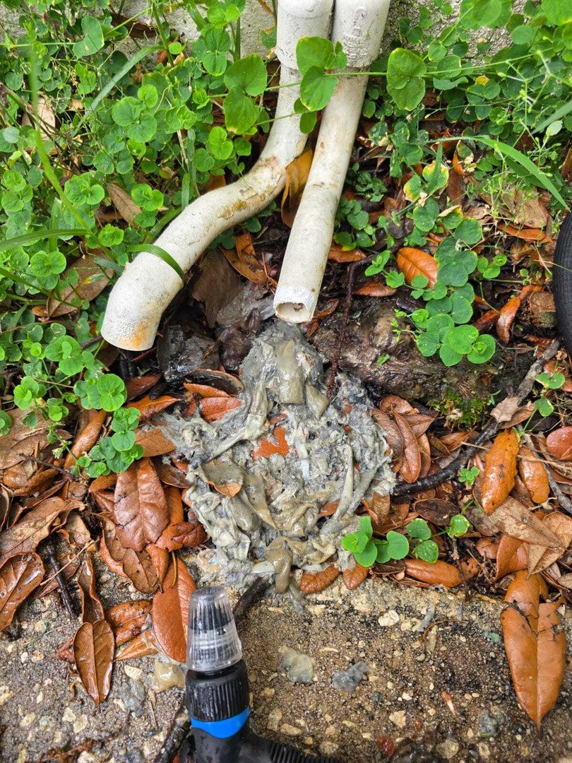 home therapist cooling heating and plumbing clearing a clogged drainage area with debris and leaves around the pipes