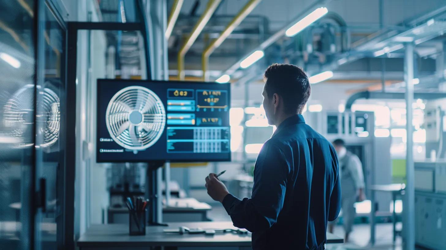 a modern office setting showcases an hvac technician inspecting a complex air conditioning unit, surrounded by tools and digital screens displaying maintenance data, illustrating the importance of seasonal maintenance planning.