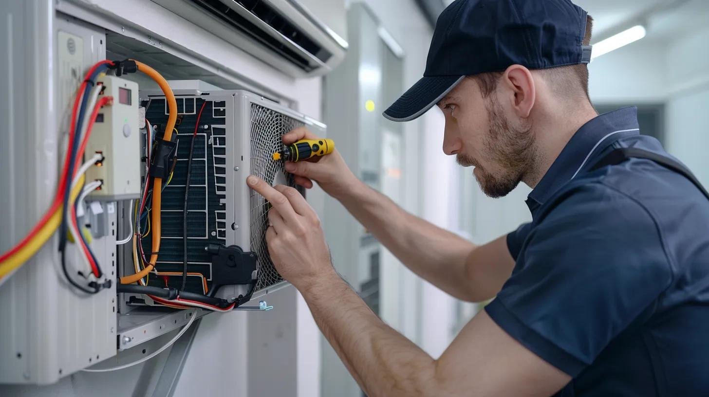 a close-up view of a technician inspecting a malfunctioning air conditioning unit in a modern office environment, with diagnostic tools and diagnostic indicators highlighted, conveying urgency and the need for repair.