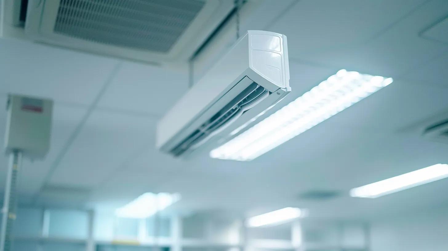 a close-up view of a technician inspecting an air conditioning unit in a sleek, modern office, highlighted by overhead fluorescent lighting that emphasizes the urgent need for maintenance as visible wear and tear is detected.