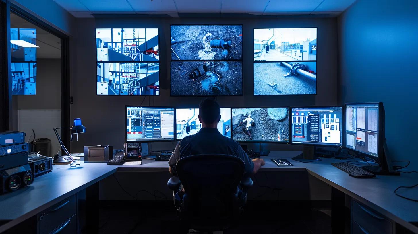 a modern, well-lit plumbing inspection office features a technician intently reviewing a video monitor displaying intricate footage of damaged drains, emphasizing the importance of early detection in plumbing maintenance.