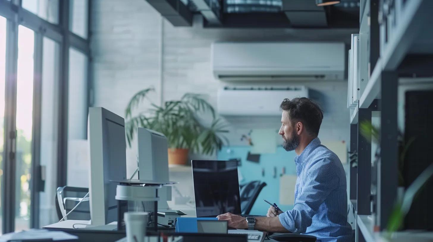 a sleek, modern office technician inspects an advanced air conditioning unit, surrounded by organized tools and maintenance gear, highlighting a professional approach to seasonal maintenance efficiency.