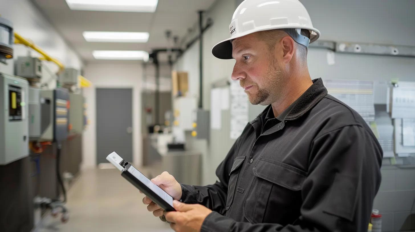 a sleek, modern plumbing office interior features a confident technician examining a detailed drain assessment report on a digital tablet, surrounded by blueprints and tools that convey the importance of choosing between traditional and trenchless drain replacement methods for properties.