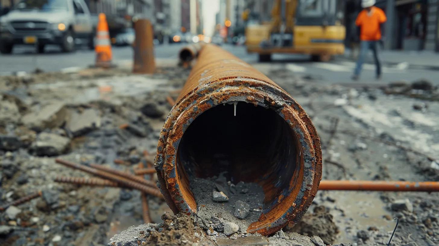 a close-up of an aging cast iron drainpipe exhibiting signs of corrosion, set against a stark urban backdrop with a construction worker assessing its condition, emphasizing the urgency of timely replacements for aging infrastructure.