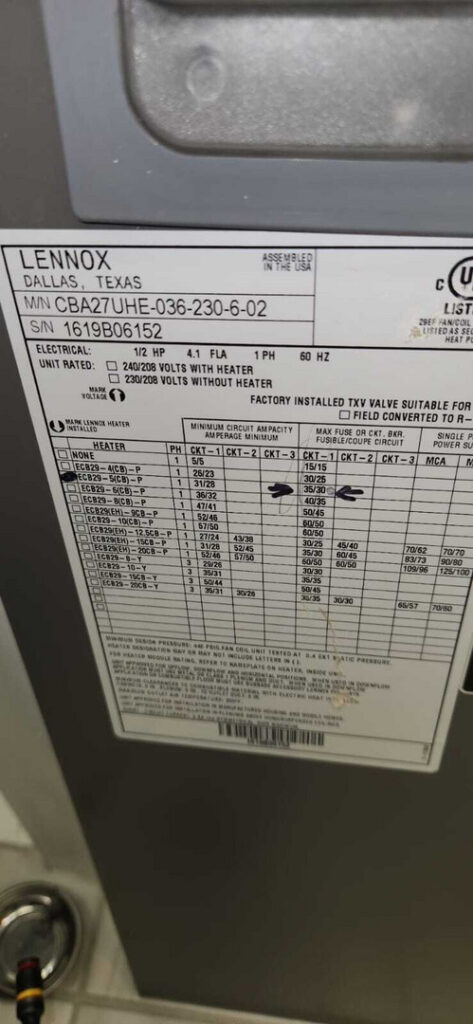 lennox heating unit electrical specifications and model details displayed on the front panel for reference and troubleshooting