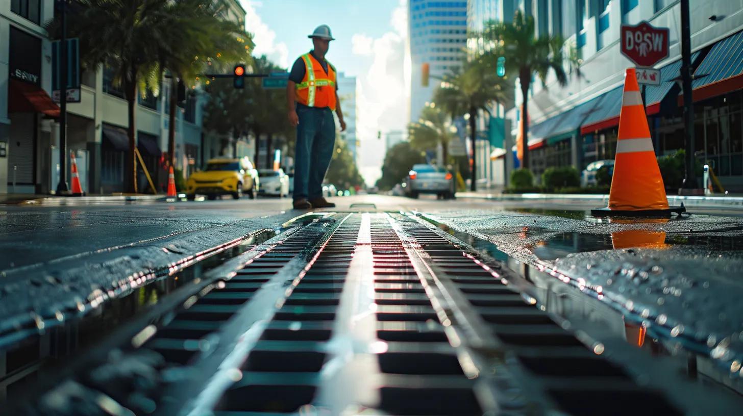 a visually compelling urban scene of a maintenance worker inspecting a sleek, modern drainage system in a bustling tampa street, highlighted by warning signs and advertisements reflecting the local environment’s challenges.