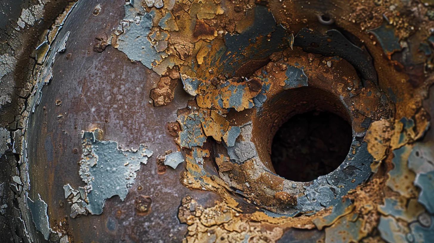a close-up shot of a deteriorating metal drain pipe reveals severe rust, deep cracks, and noticeable corrosion, set against a stark, modern industrial backdrop to emphasize the urgent need for replacement.