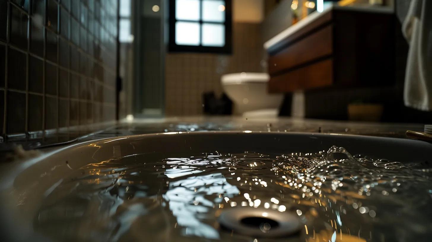 a focused view of a well-lit modern bathroom showcasing an open drain inspection, where a homeowner examines the drain with basic plumbing tools, highlighting visible sediments and debris for a clear assessment of plumbing health.