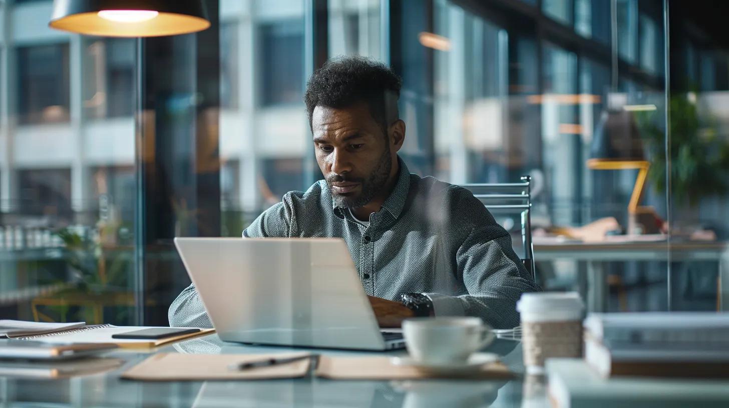 a focused individual sits at a sleek, modern desk in a well-lit office, intently reading ac repair reviews on a laptop, surrounded by notepads and a coffee cup, embodying the careful consideration of customer service and technical needs.
