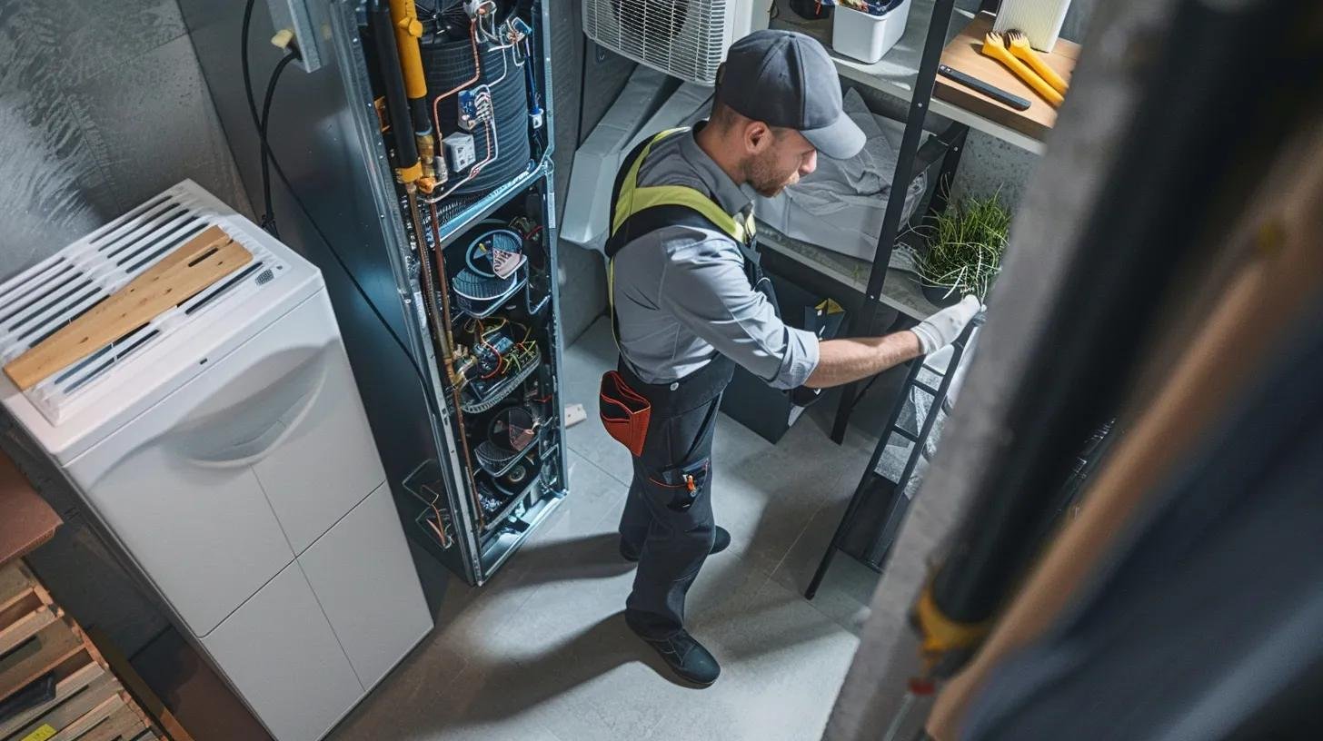 a well-organized technician in a modern office setting meticulously inspects a sleek air conditioning unit, surrounded by tools and maintenance guides, highlighting the importance of seasonal upkeep in climate control systems.